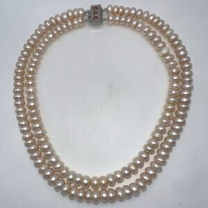 Double 2 two strand pink real freshwater button pearls beads beaded necklace